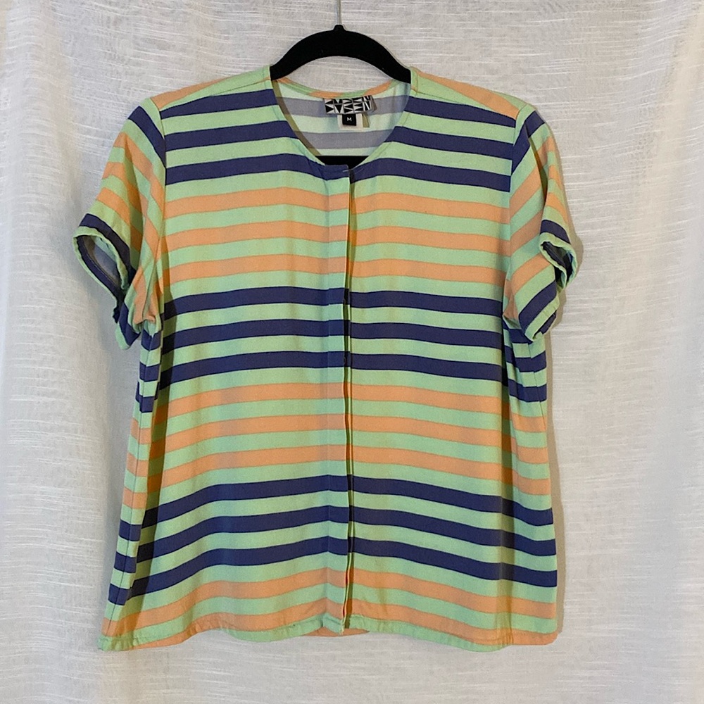 Striped short sleeve button down top